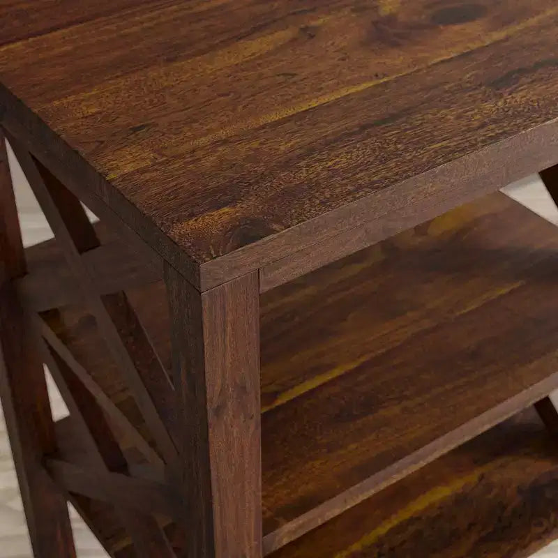 Table d'appoint rustique moderne en bois massif avec deux étagères et côtés en X