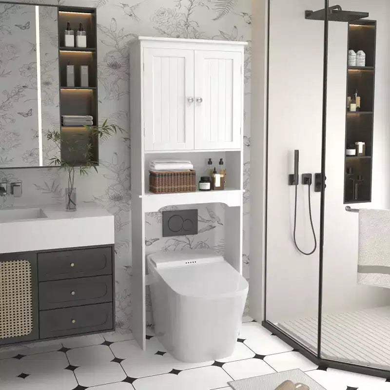 Over The Toilet Storage Cabinet Bathroom Space Saver Storage Shelf Freestanding Bathroom Cabinet Organizer With 2 Doors & Open Shelf
