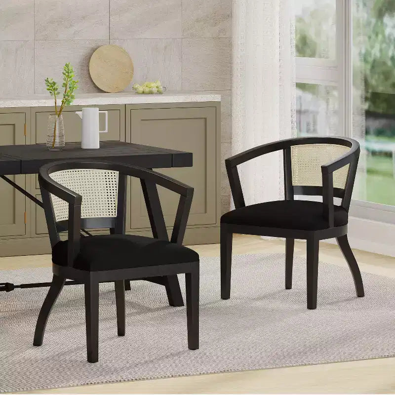 Chaises de salle à manger traditionnelles en hévéa et cannage rembourrées