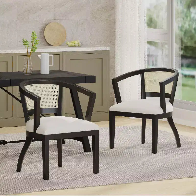 Chaises de salle à manger traditionnelles en hévéa et cannage rembourrées