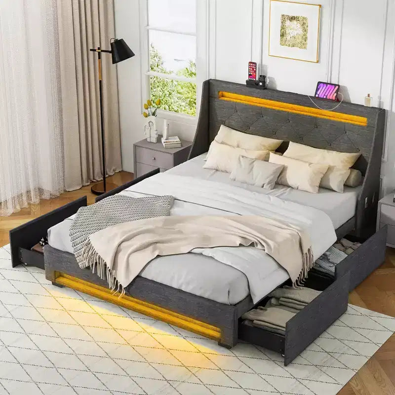 Lit rembourré avec cadre à lumières LED et station de charge