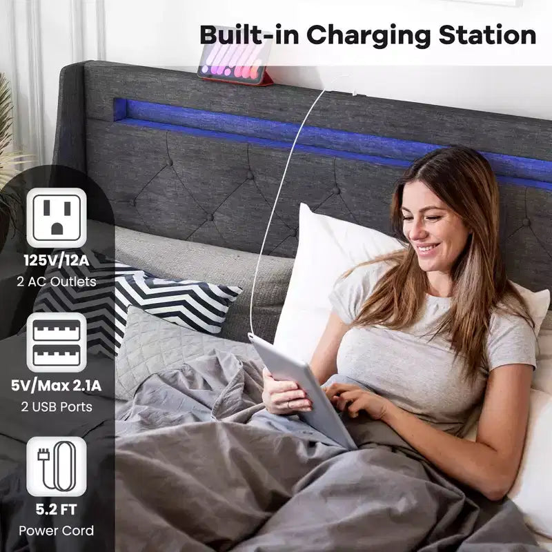 Lit rembourré avec cadre à lumières LED et station de charge